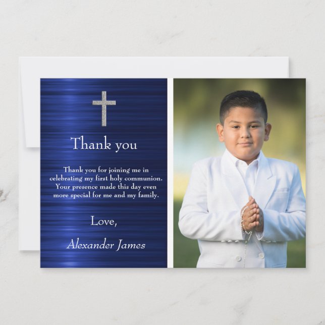 Tarjeta De Agradecimiento Silver Blue First Holy Communia Boy Gracias (Anverso)