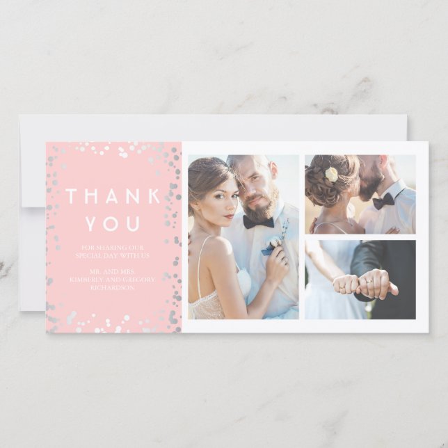 Tarjeta De Agradecimiento Silver Confetti Elegant Boda Rosa Gracias (Anverso)