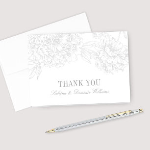 Tarjeta De Agradecimiento Silver Floral Peony Wedding Monogram