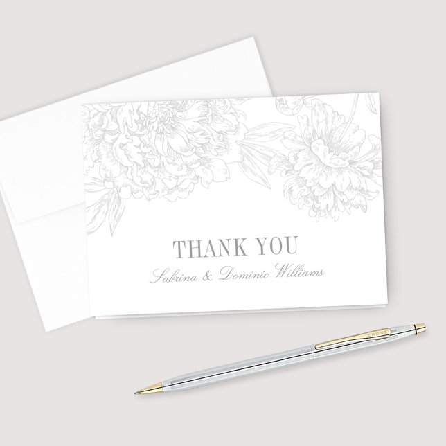 Tarjeta De Agradecimiento Silver Floral Peony Wedding Monogram (Subido por el creador)