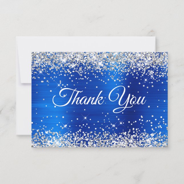 Tarjeta De Agradecimiento Silver Glitter Royal Blue Foil 50th Birthday (Anverso)