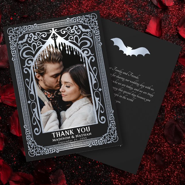 Tarjeta De Agradecimiento Silver Gothic Vampire Cathedral Photo Wedding (Subido por el creador)