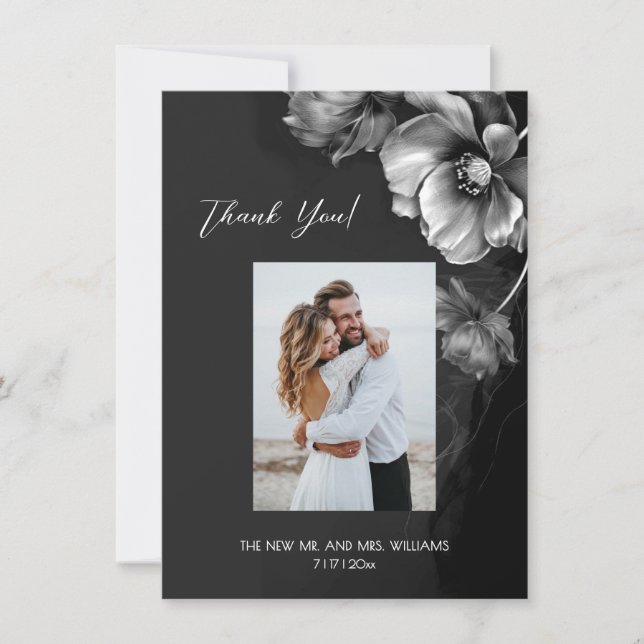 Tarjeta De Agradecimiento Silver Gray Black Floral Wedding Thank You (Anverso)