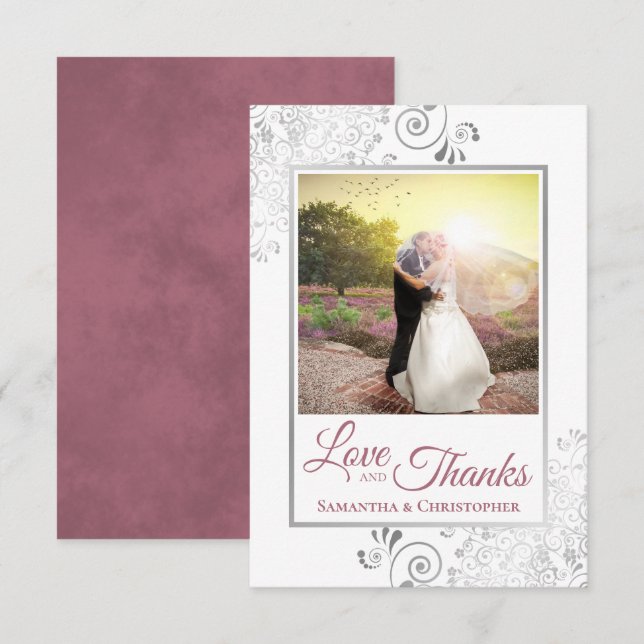 Tarjeta De Agradecimiento Silver Lace Dusty Rosa White Love & Gracias Boda (Anverso / Reverso)