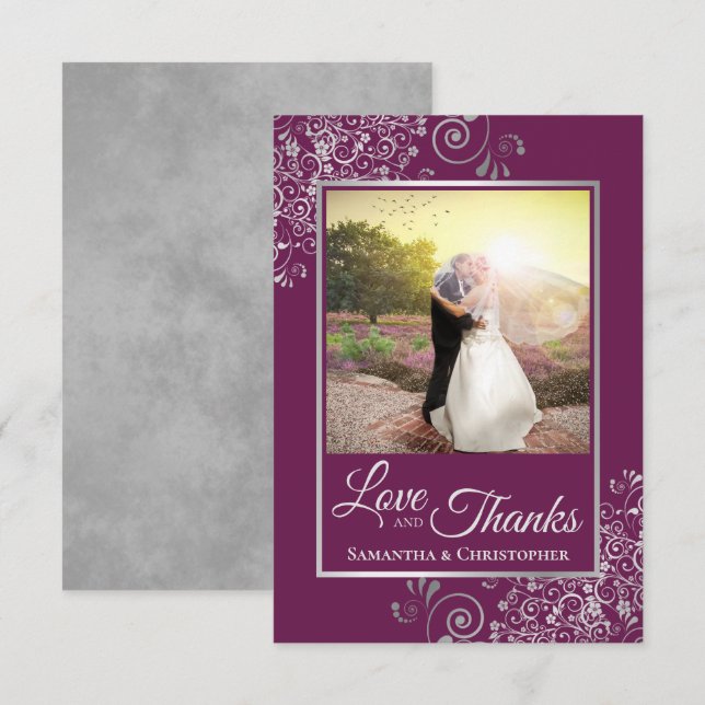 Tarjeta De Agradecimiento Silver Lace en Cassis Purple Love & Gracias Boda (Anverso / Reverso)
