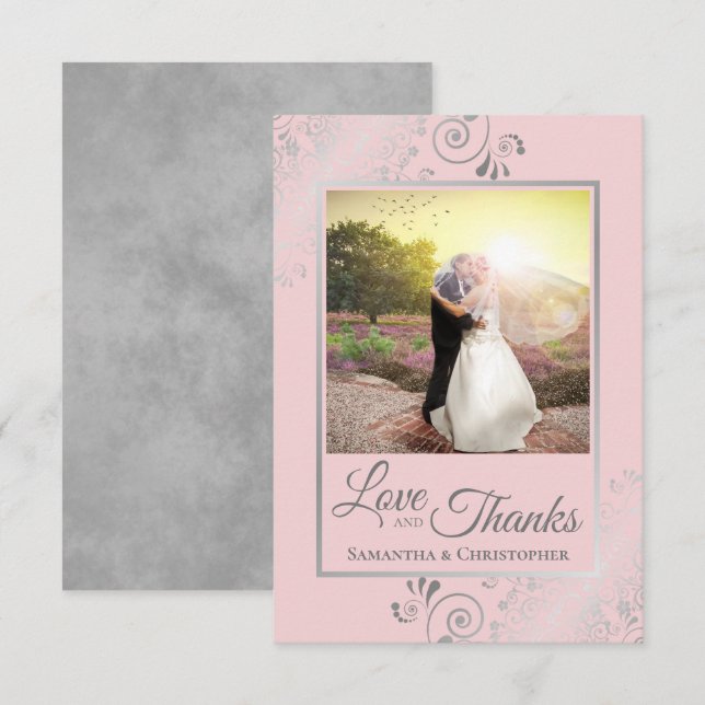 Tarjeta De Agradecimiento Silver Lace en Rubor Pink Love & Gracias Boda (Anverso / Reverso)