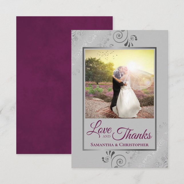 Tarjeta De Agradecimiento Silver Lace Magenta y Gray Love & Gracias Boda (Anverso / Reverso)