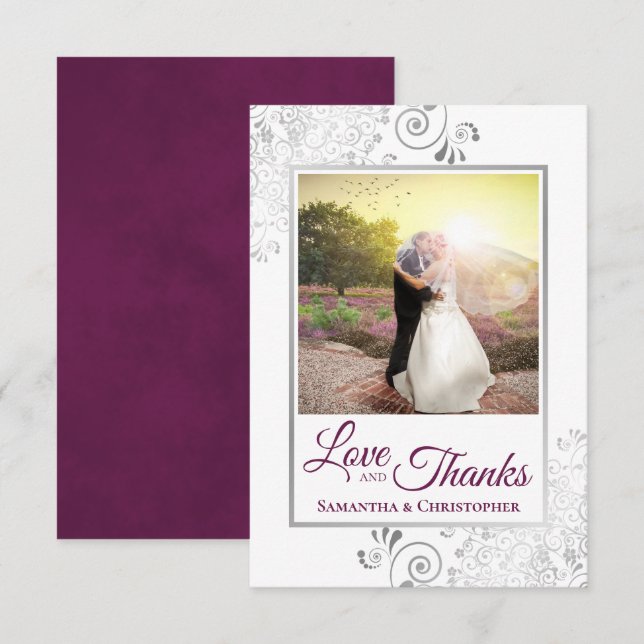 Tarjeta De Agradecimiento Silver Lace Magenta y White Love & Gracias Boda (Anverso / Reverso)