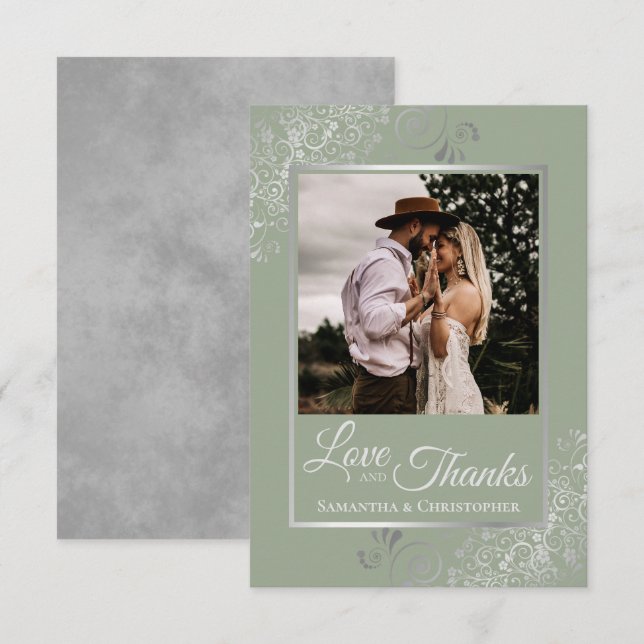 Tarjeta De Agradecimiento Silver Lace sobre Sage Green Love & Gracias Boda (Anverso / Reverso)