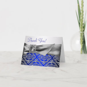 Tarjeta De Agradecimiento Silver Royal Blue Damask Gracias