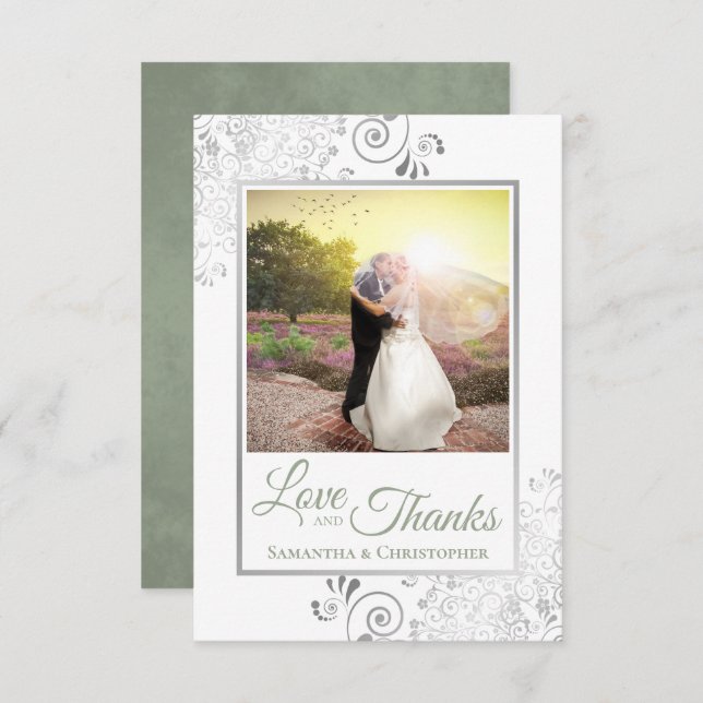 Tarjeta De Agradecimiento Silver y Sage Green White Love & Gracias Boda (Anverso / Reverso)