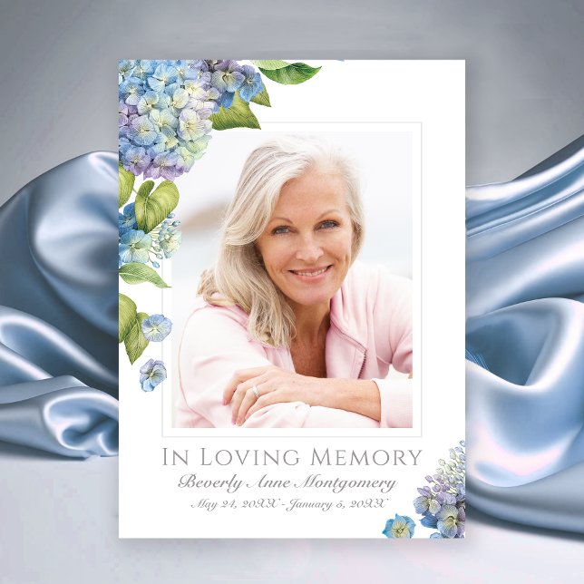 Tarjeta De Agradecimiento Simpatía Azul Hidrangea Fotación Floral Funeral (Elegant Blue Lavender Hydrangea Floral Photo Funeral Thank You card)