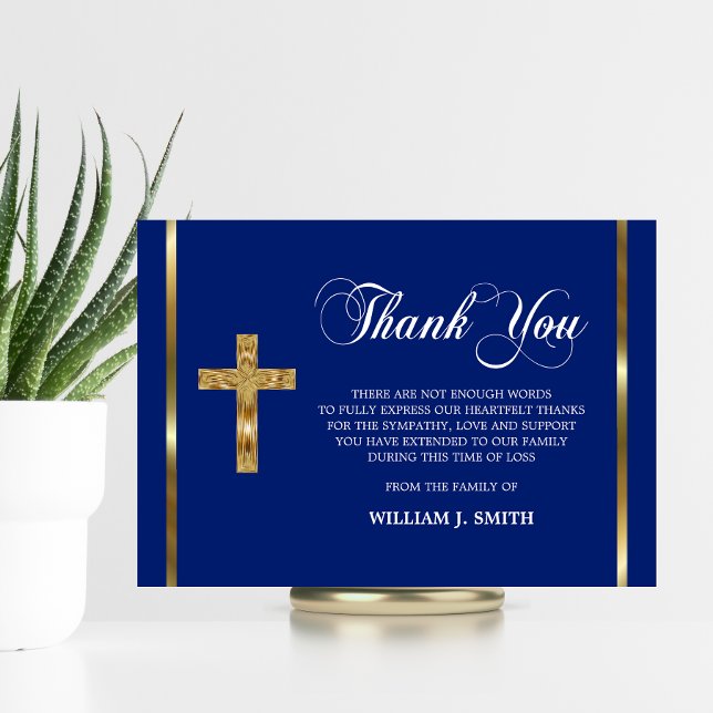 Tarjeta De Agradecimiento Simpatía Cruz de Oro Religiosa Azul GRACIAS foto (Sympathy Religious Gold Cross Blue THANK YOU photo)