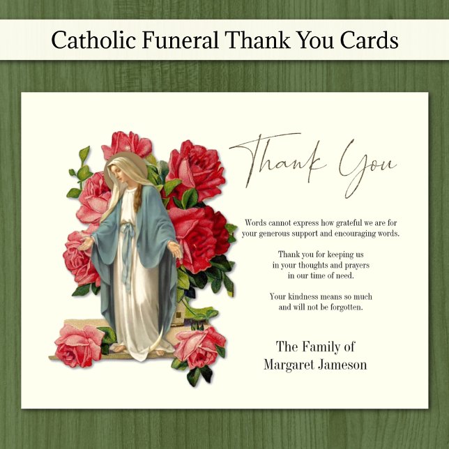 Tarjeta De Agradecimiento Simpatía de la Virgen María de la Condolencia Fune (Traditional Catholic Blessed Virgin Mary with red roses funeral sympathy thank you cards )