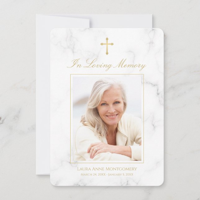 Tarjeta De Agradecimiento Simpatía Marble Blanco Guión de oro Foto Funeral (Anverso)