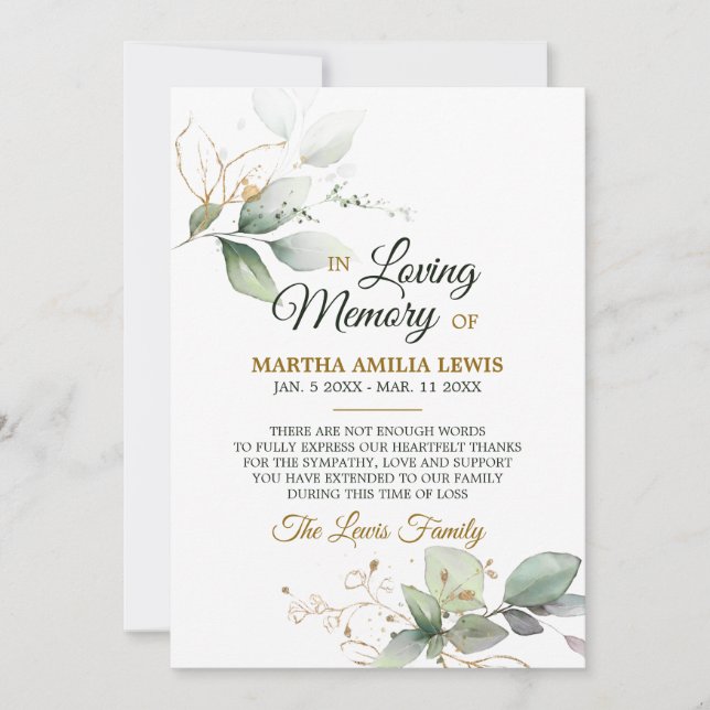 Tarjeta De Agradecimiento Simpatía Memoria verde Oro GRACIAS| POEM (Anverso)