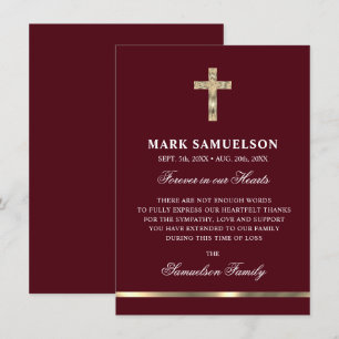 Tarjeta De Agradecimiento Simpatía Memorial Cruz Religiosa Borgoña Oro