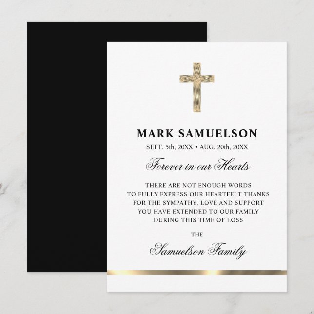 Tarjeta De Agradecimiento Simpatía Memorial Cruz religiosa Oro Blanco (Anverso / Reverso)