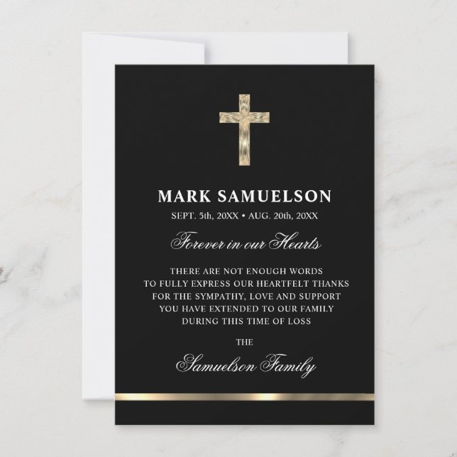Tarjeta De Agradecimiento Simpatía Memorial Cruz religiosa Oro Negro (Anverso)