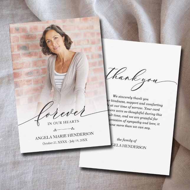 Tarjeta De Agradecimiento Simpatía moderna en memoria de funerales fotográfi (Forever in our Hearts celebration of life photo flat thank you cards 3.5" x 5" (or larger))