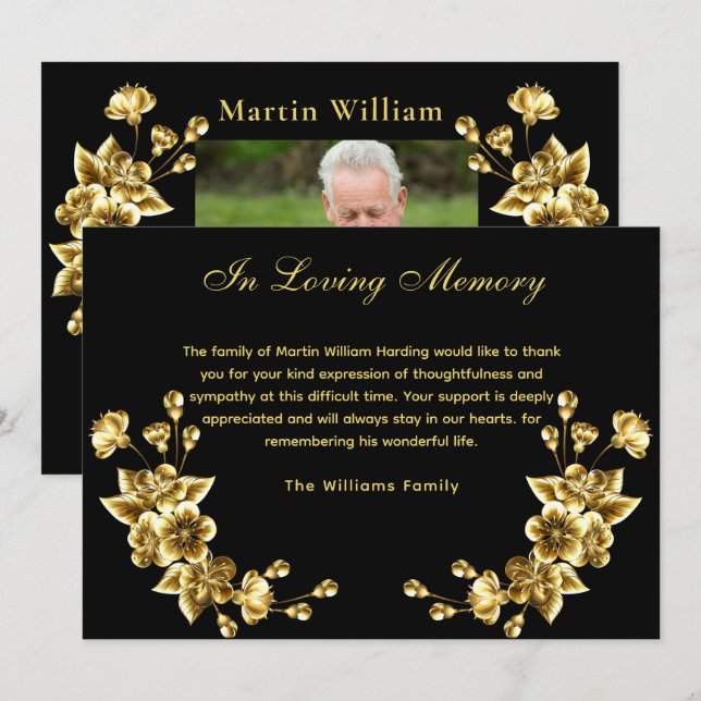Tarjeta De Agradecimiento Simpatía oro negro presupuesto floral gracias foto (Anverso / Reverso)