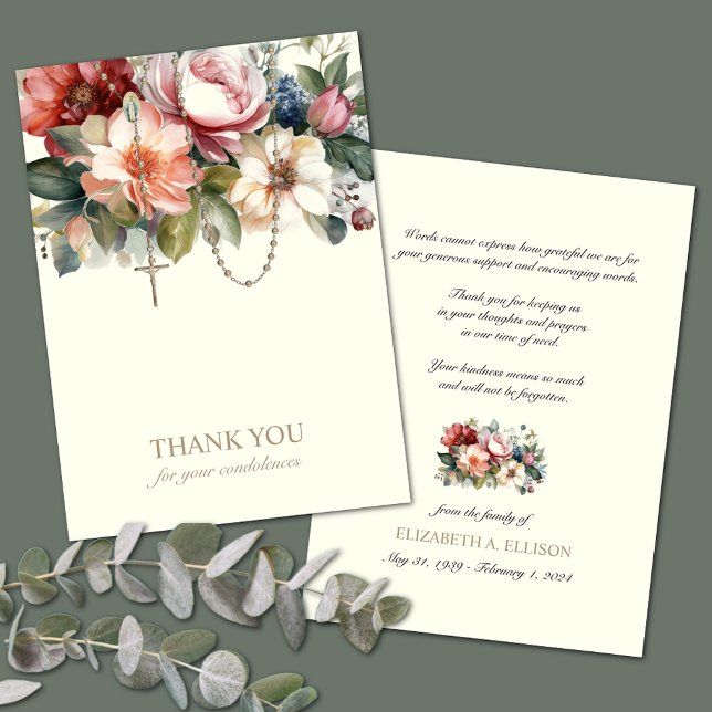 Tarjeta De Agradecimiento Simpatía por la condolencia funeraria floral catól (Easy to personalize Catholic Sympathy Thank You Cards)