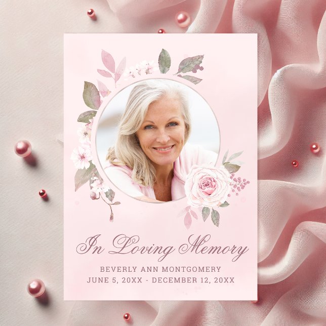 Tarjeta De Agradecimiento Simpatía Rosa Floral Foto Memorial (Elegant In Loving Memory Pink Rose Watercolor Floral Photo Funeral Thank You Card)