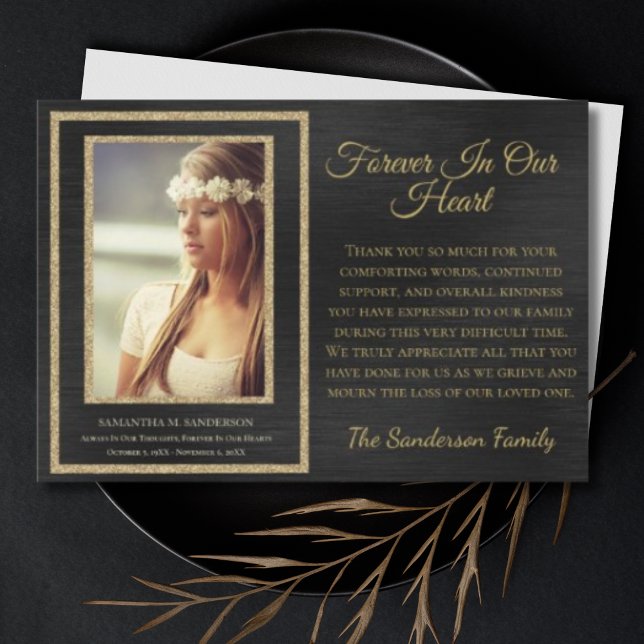 Tarjeta De Agradecimiento Simpatizante Funeral Negro Para Siempre En Nuestro (Funeral Thank you Card)