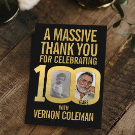 Tarjeta De Agradecimiento Simple 100th birthday photo black and gold 