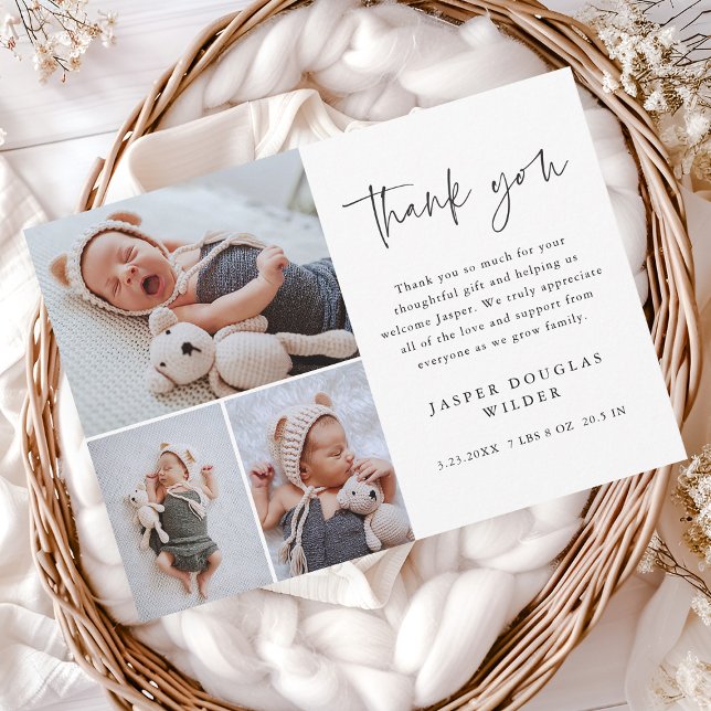 Tarjeta De Agradecimiento Simple 3 Photo Baby (Simple 3 photo collage baby announcement thank you cards.)