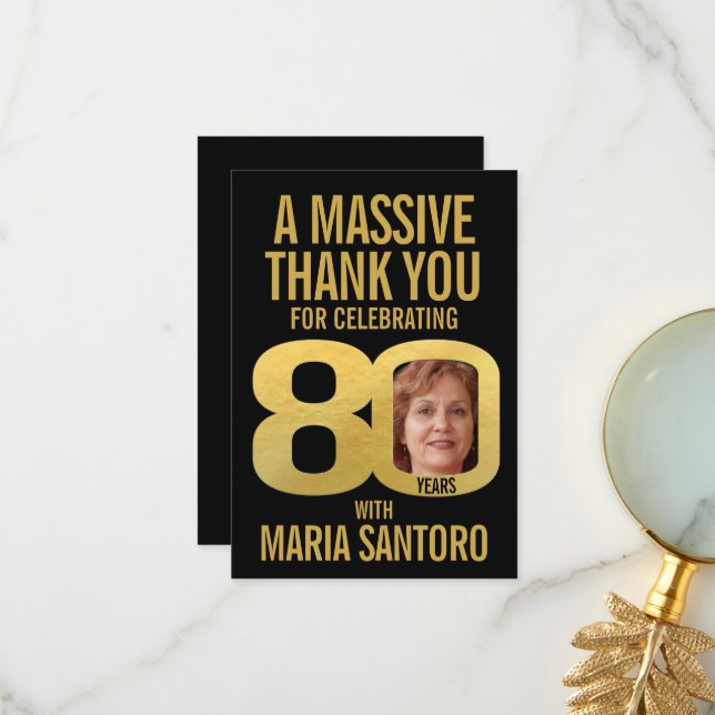 Tarjeta De Agradecimiento Simple 80th birthday photo black and gold  (Anverso/Reverso In Situ)