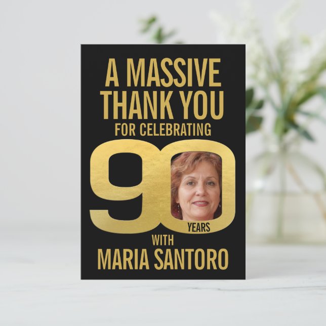 Tarjeta De Agradecimiento Simple 90th birthday photo black and gold  (Anverso de pie)