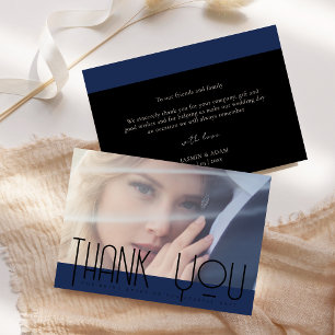 Tarjeta De Agradecimiento Simple Azul Marino Negro Foto Boda 