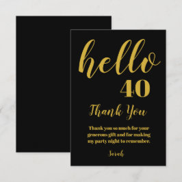 Tarjeta De Agradecimiento Simple Black and Gold Hello 40 Birthday
