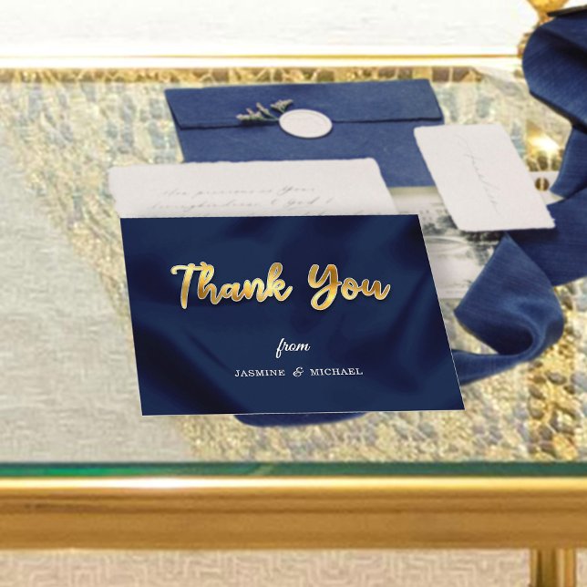 Tarjeta De Agradecimiento Simple Boda de lujo Navy & Gold Script Classic (Subido por el creador)