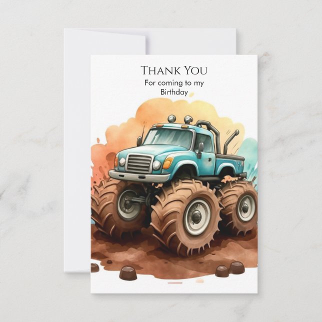 Tarjeta De Agradecimiento Simple Boho Wheels Monster Truck Cumpleaños (Anverso)