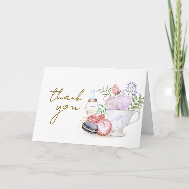 Tarjeta De Agradecimiento Simple Bonjour Floral Macaron Milk Tea Baby Shower (Anverso)