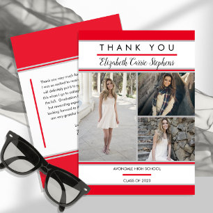 Tarjeta De Agradecimiento Simple Clásico Tres Fotografías Rojas Graduación