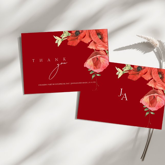 Tarjeta De Agradecimiento Simple Crimson Red Poppies Floral Boda (Simple Crimson Red Poppies Floral Wedding Thank You Card)