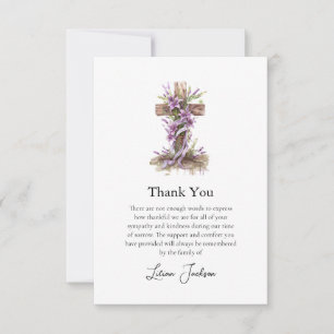 Tarjeta De Agradecimiento Simple Cruz Católica Romana Flores Lilas Funeral