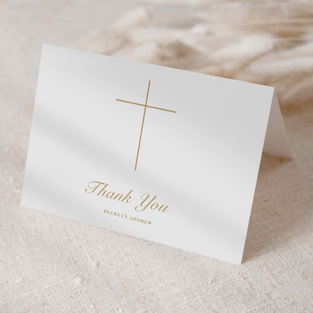 Tarjeta De Agradecimiento Simple Cruz de Oro Script Bautizo (Elegant, simple cross religious baptism folded thank you cards.)