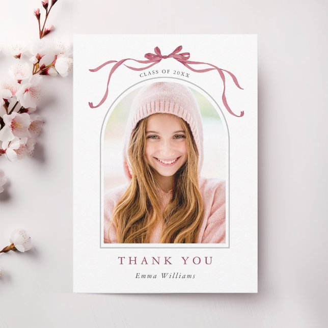 Tarjeta De Agradecimiento Simple Deep Blush Bow Graduation Photo (Subido por el creador)