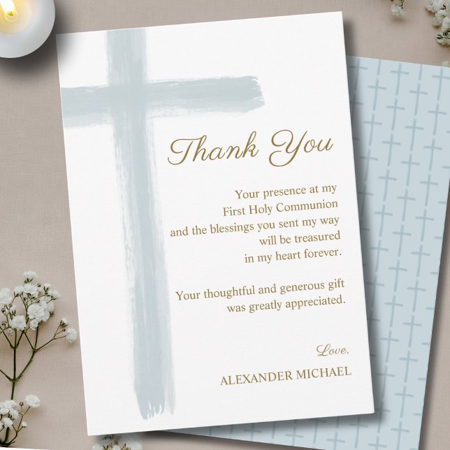 Tarjeta De Agradecimiento Simple Elegant Blue Cross First Holy Communion  (Subido por el creador)