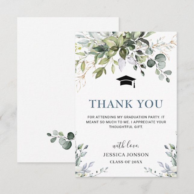 Tarjeta De Agradecimiento Simple Elegant Eucalyptus Greenery Graduation  (Anverso / Reverso)