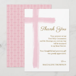Tarjeta De Agradecimiento Simple Elegant Pink Cross First Holy Communion 