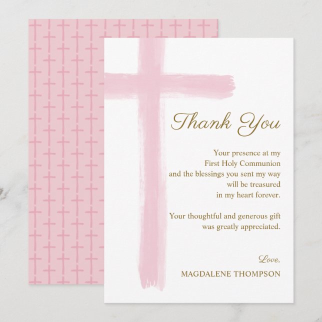 Tarjeta De Agradecimiento Simple Elegant Pink Cross First Holy Communion  (Anverso / Reverso)