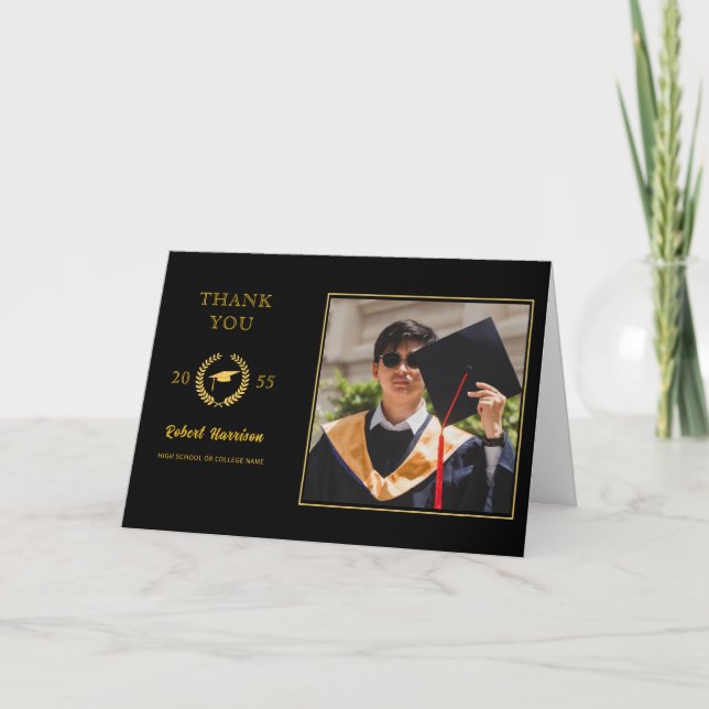 Tarjeta De Agradecimiento Simple foto de graduación de Wreath de Laurel Gold (Anverso)