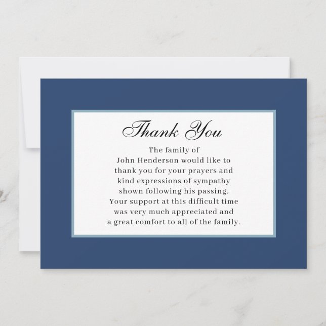 Tarjeta de agradecimiento simple funeral azul mari (Anverso)