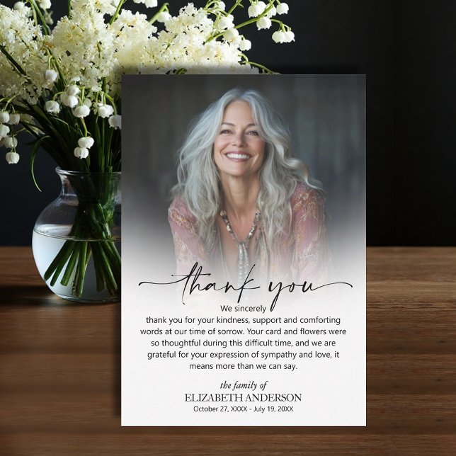 Tarjeta De Agradecimiento Simple Funeral Photo (Funeral Thank You Card with your message printed over your loved one's photo, default size 3.5" x 5")