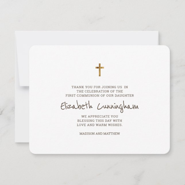 Tarjeta De Agradecimiento Simple Gold Cross First Communia Gracias Card (Anverso)